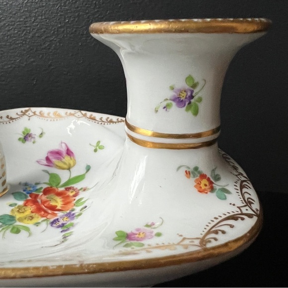 Dresden Richard Kremm 1900s Floral Porcelain Chamberstick Gold Candle Holder - Picture 7 of 8